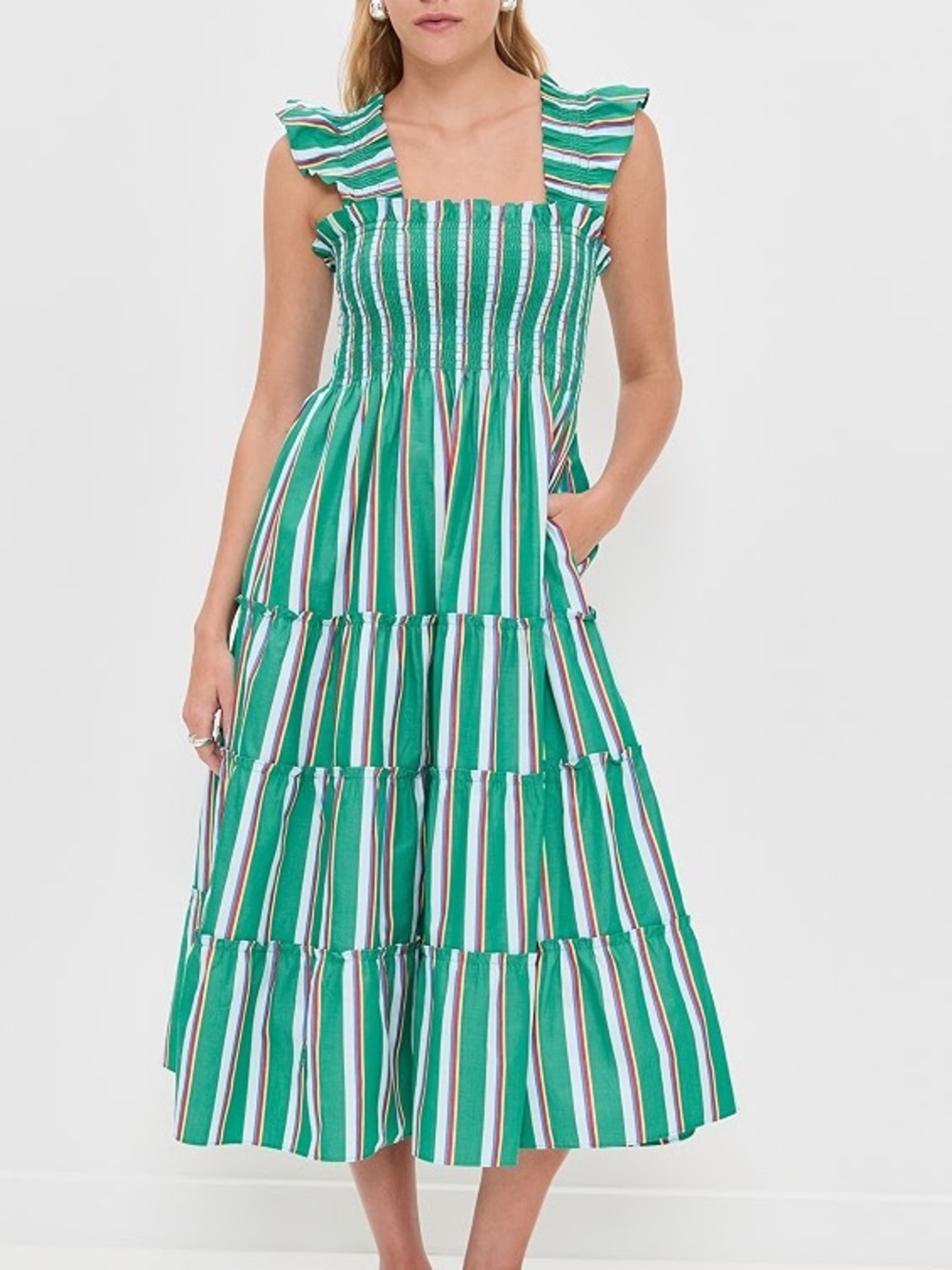 Hill House Green Multicolor Striped Ruffle-Shoulder Maxi Dress